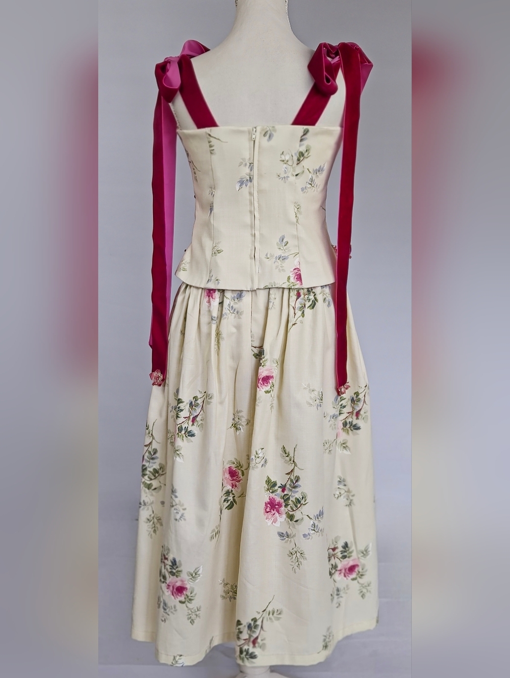 Upcycled Vintage Floral Corset Top and Skirt Set with Velvet Ribbon Ties - Picture 7 of 14